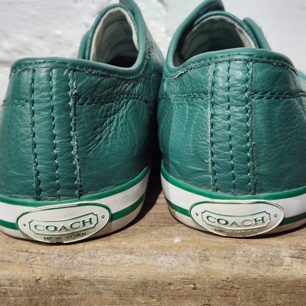 Coach 90s Mika Green Leather Suede Embossed Logo Low Top Sneaker Women 9 Cap Toe - Picture 15 of 16